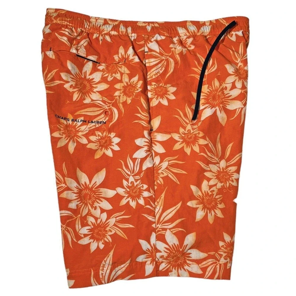 Vintage Chaps Swim Trunks Men L Orange Floral Surf Board Shorts Y2K Beachwear‎